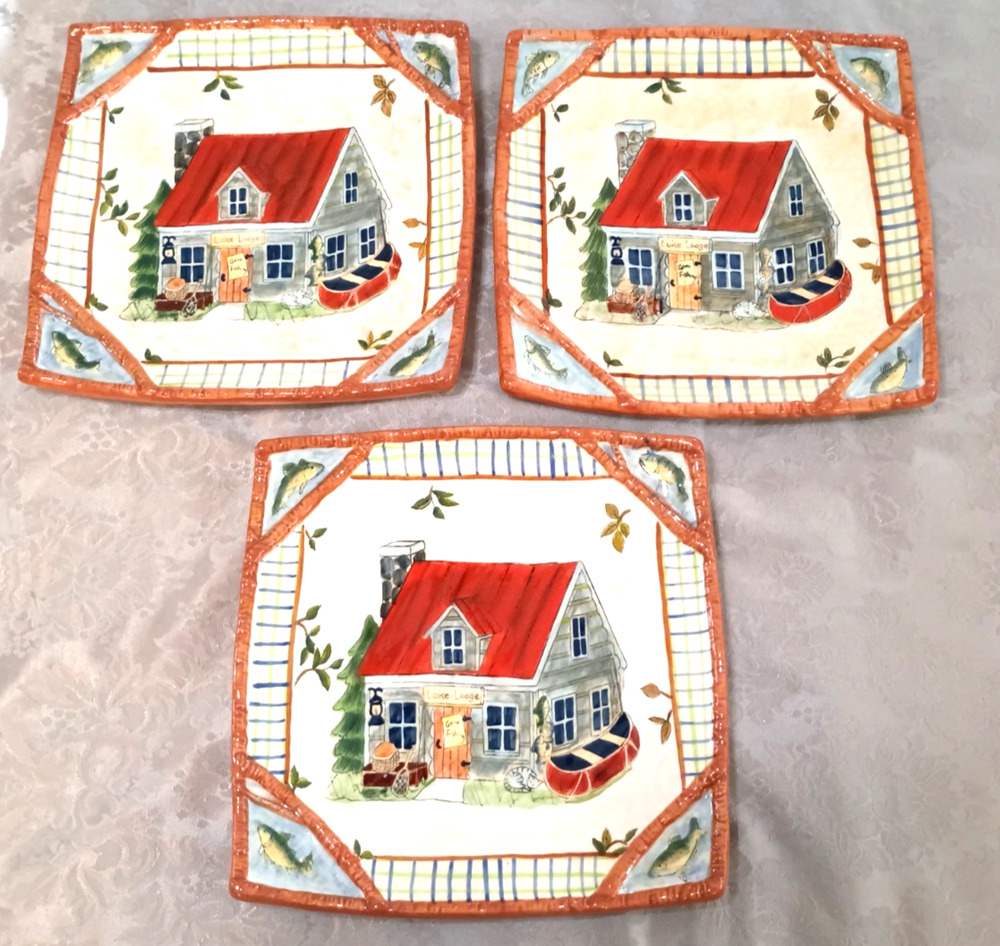 3 VTG Susan Winget 11" Square Heavy Plates Lake Lodge Fishing Cottage Cabin Box